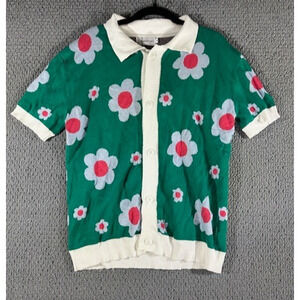 OxKnit Men's 60s Mod Green Pink White Floral Knit Polo Style Cardigan / Medium